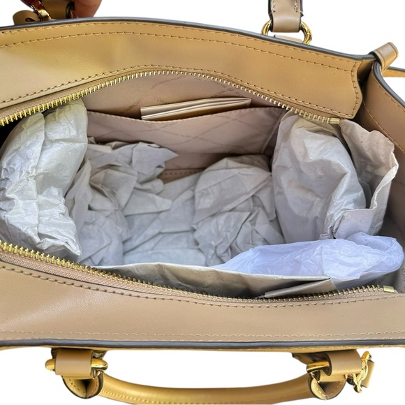 MICHAEL KORS Kris Medium Leather Satchel purse handbag TAN BROWN - Picture 6 of 11